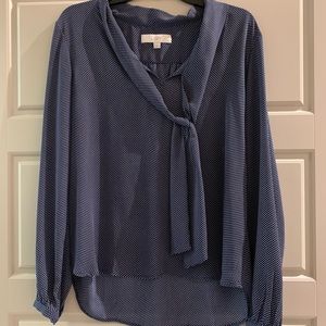 Navy blue with white polka dot blouse